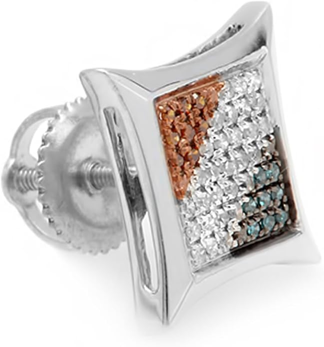 Dazzlingrock Collection 0.13 Carat (ctw) Round Blue, White & Red Diamond 11mm Micro Pave Kite Shape Hip Hop Iced Out Stud Earring (1Pc Only), Unisex Design Ladies, Mens Real Diamond Earrings