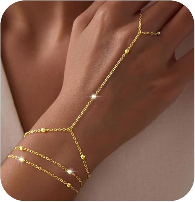 Yoosteel Hand Chain Bracelet for Women - Dainty 14K-Gold-Plated Finger Ring Hand Chains Layered Trendy Link Bracelets Jewelry Gifts for Women