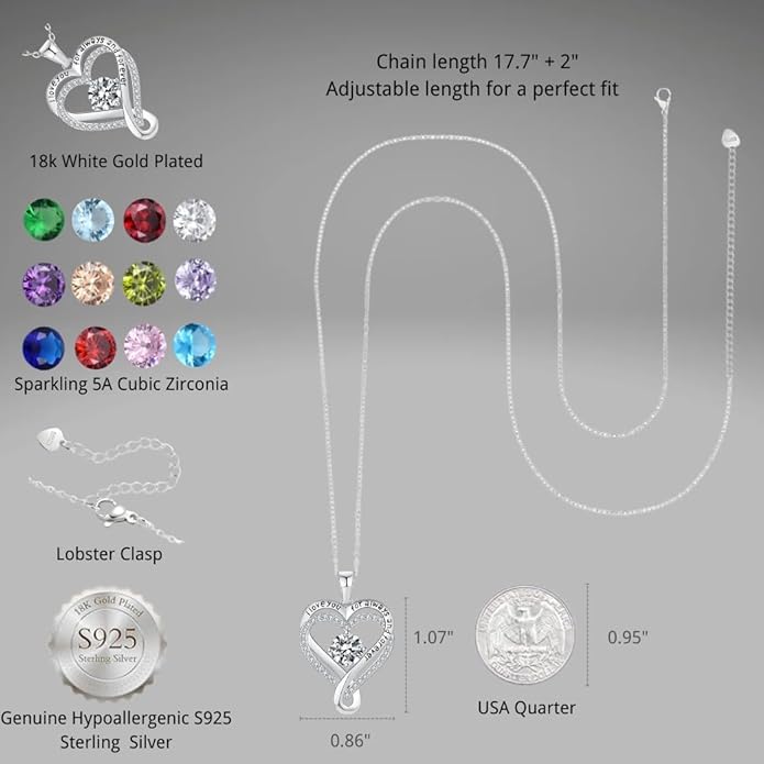 Birthstone Infinity Heart Necklace for Women Wife Girlfriend Mom Daughter Gifts S925 Silver Jewelry For Anniversary Rose Gold Gifts For Birthday Christmas Mothers Valentines Day
