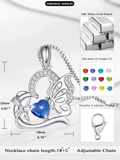 Birthstone Heart butterfly Necklace for Women, Infinity Pendant 14K Gold /18K White Gold Womens Necklaces, Jewelry Anniversary Birthday Christmas Gifts for Her Mom Wife﻿