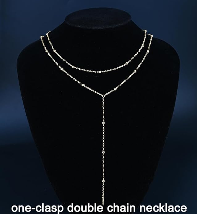 iF YOU Lariat Gold Long Necklaces for Women Trendy, Dainty 14K Gold Plated Drop Chain Necklace, Layered Rosary Beaded Y Necklaces Simple Fashion Jewelry Gifts