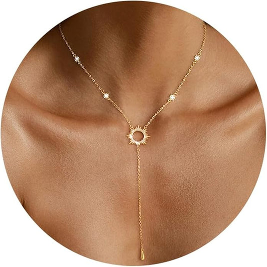 CHESKY Lariat Gold Necklace for Women Trendy, Dainty Long Necklace 14k Gold Plated/Silver Y-Shaped Pendant Necklace Layered Cz Beaded Chain Drop Necklaces Simple Gold Jewelry For Women Gift