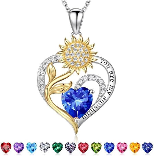 Iefil Christmas Gifts for Women Wife Mom - Sunflower Birthstone Necklace for Women, Anniversary Birthday Gifts 925 Sterling Silver Heart Pendant You Are My Sunshine Jewelry for Girlfriend Mom Daughter