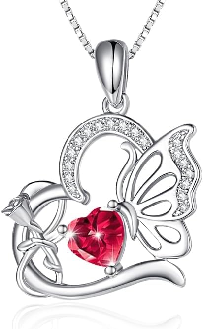 Birthstone Heart butterfly Necklace for Women, Infinity Pendant 14K Gold /18K White Gold Womens Necklaces, Jewelry Anniversary Birthday Christmas Gifts for Her Mom Wife﻿
