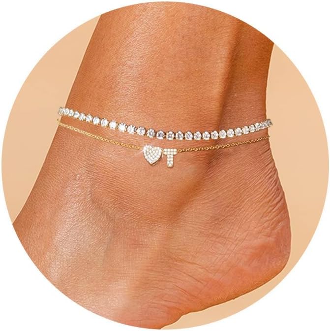 Gold Initial Ankle Bracelets for Women 14K Gold Plated CZ heart Tennis Anklets for Women Waterproof Adjustable Initial Anklets Large Ankle Summer Beach Foot Jewelry