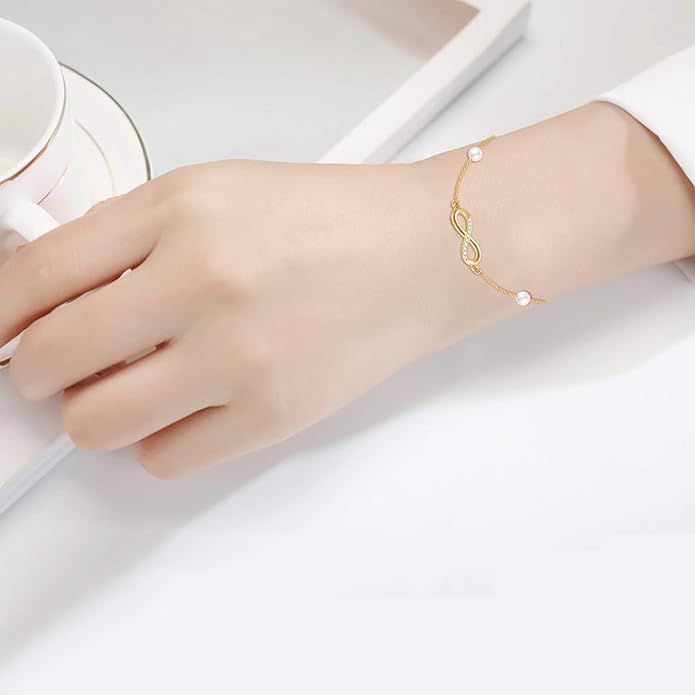 SISGEM 14k Gold Diamond Infinity Bracelet for Women, Real Gold Pearl Love Jewelry Gifts for Wife, Present for Her, 6.9"-8.3"