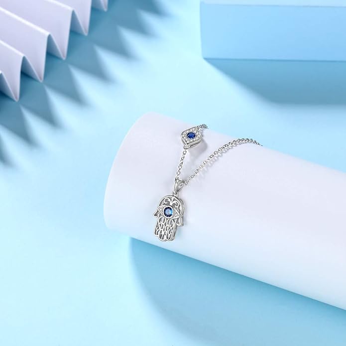 Evil Eye Necklace Evil Eye Hamsa Hand of Fatima Necklace 925 Sterling Silver Fine Jewelry Gifts for Womens White Blue CZ Third Eye Stud Earrings Turkish Eye Ring Hamsa Hand Jewelry Set Gifts Valentine Day Chrismtas Gifts
