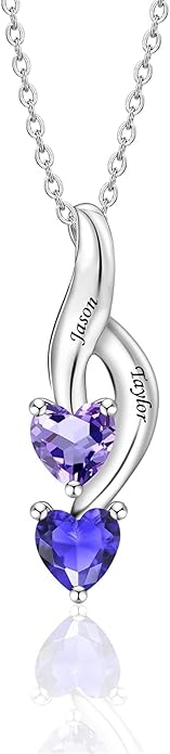 MissNaNa Sterling Silver Personalized Mothers Necklace with Simulated Birthstones Engraved 1-6 Children Names Custom Love Heart Pendant Family Necklace for Women Mother's Day Birthday