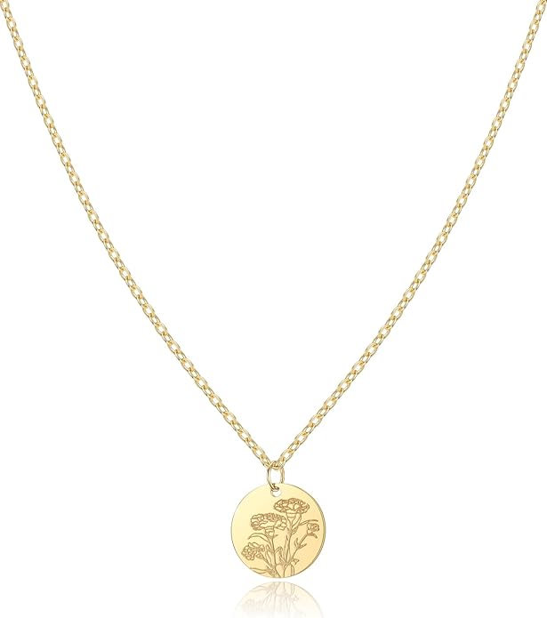 Birth Flower Necklace, 14K Gold Plated Floral Pendant Necklaces for Women, Simple Dainty Birth Month Flower Necklace, Birthday Jewelry for Women - 12 Month