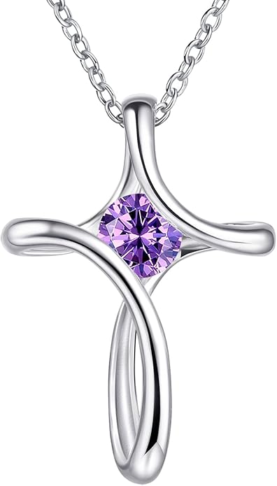 NINAMAID Cross Necklace for Women, 925 Sterling Silver Birthstone Necklace for Women with Diamond Sideways Cross Necklaces Birthstone Jewelry Birthday Gifts for Womens