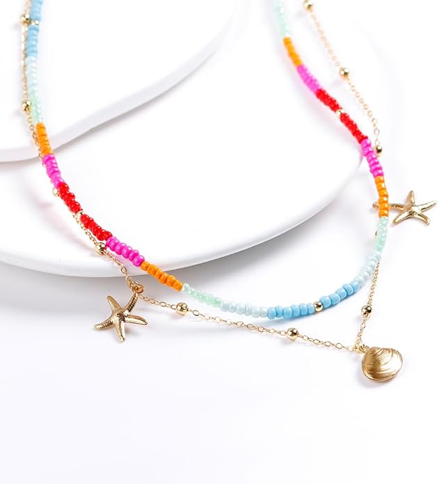 Da Piao Liang Handmade Multilayered Colorful Seed Beads Choker Necklace – Boho Starfish Creative Beach Jewelry for Women – Summer Necklace