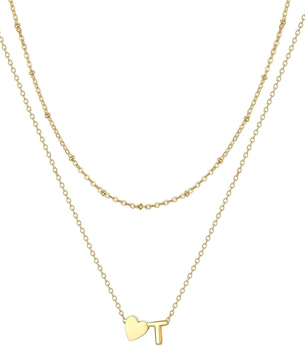 FOCALOOK Layered Initial Necklace for Women, 14K Gold Plated Choker Necklaces Stacks with Initial A-Z, Dainty Silver Heart Pendant Necklace Personalized Birthday Women Jewelry