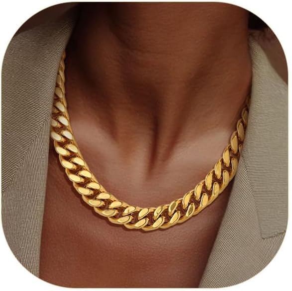 ChainsPro Chunky Cuban Link Chain Necklace for Women,Stainless Steel Silver/Gold Plated Thick Choker, 5/12/14mm Width,18" and 20" Punk Hip Hop Trendy Jewelry Gifts