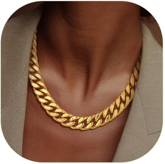 ChainsPro Chunky Cuban Link Chain Necklace for Women,Stainless Steel Silver/Gold Plated Thick Choker, 5/12/14mm Width,18" and 20" Punk Hip Hop Trendy Jewelry Gifts