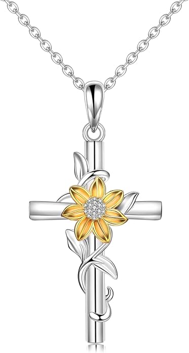Cross Necklace for Women Sunflower Cross Necklace 925 Sterling Silver Dainty Sunshine Pendant for Women Mom Sunflower Gifts for Women