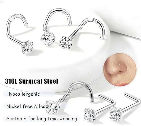 Nose Rings Studs: 8Pcs 20G Gold/Silver 316L Surgical Stainless Steel Nose Studs Hypoallergenic Corkscrew Nose Piercing Stud Jewelry for Women Men Clear Cubic Zirconia Imitation Diamond Top Size 1.5mm 2mm 2.5mm 3mm