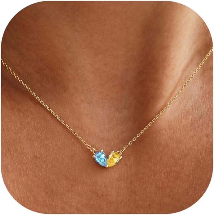 KOHOTA Gold Birthstone Necklace for Women Non Tarnish 14K Gold Plated CZ Heart Pendant Necklaces Dainty 2 Birthstones Emerald Green Charm Necklace for Mother and Daughter Birthday Jewelry Gifts