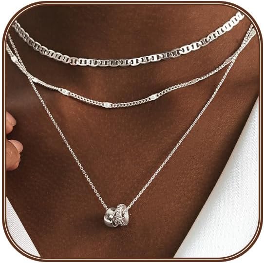 Gold Layered Necklaces for Women 14k Gold Plated Dainty Stackable Choker Necklaces for Women Trendy Layering Chain Cute Pendant Necklace Set Gold Jewelry for Women