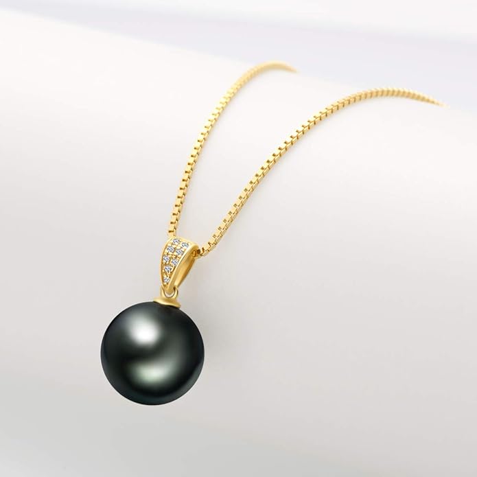 DENGGUANG 18K Gold Natural Black Pearl Pendant Necklace Pendant with Diamond 10-11mm Genuine Tahitian Cultured Round Pearls Jewelry Gifts for Women with 18" Silver Chain