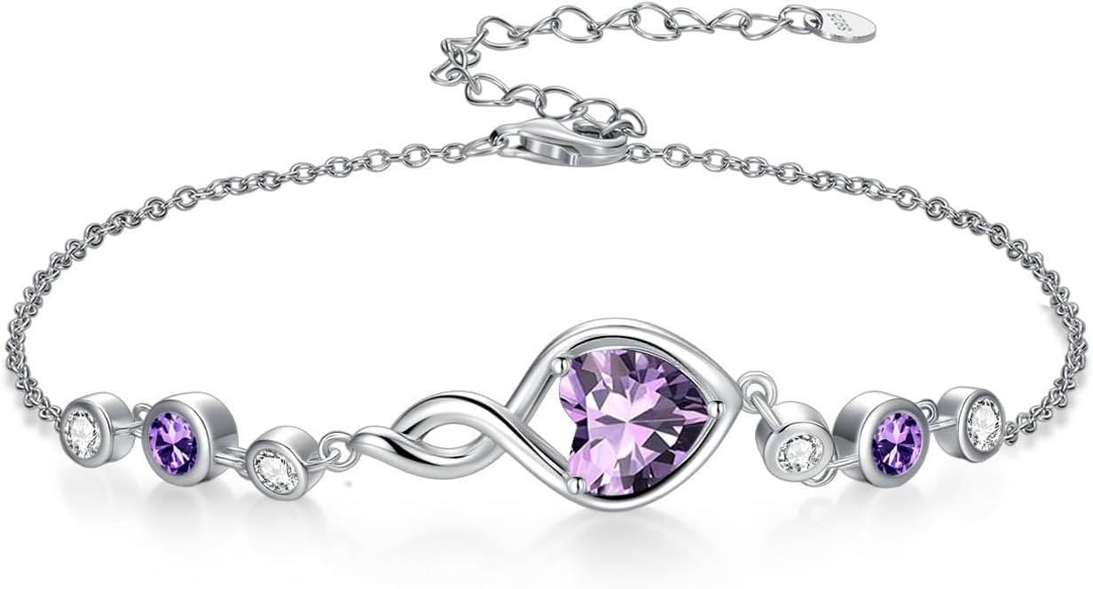 Infinity Birthstone Bracelet 925 Sterling Silver Heart Love Infinity Link Bracelet Fine Jewelry Birthday Christmas Gifts for Women Girlfriend Wife