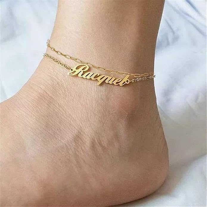 Personalized Name Ankle Bracelet for Women Custom Layered Name Anklet with Initials 18K Gold Plated Graduation Gift Customized Anklets for Women 8.7”-10.7”