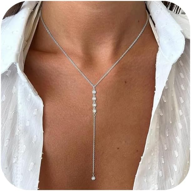 14K Gold Plated Y Necklace for Women – Dainty Lariat Long Pendant Chain, Layered Drop Necklace for V Neck Dress, Simple Sexy Cleavage Jewelry Gifts for Women