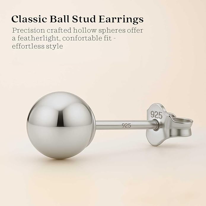 KEZEF Sterling Silver Ball Stud Earrings Hypoallergenic Earrings for Women | Available in Sterling Silver, Rose Gold, or 14K Gold Plated Silver (2mm-10mm)