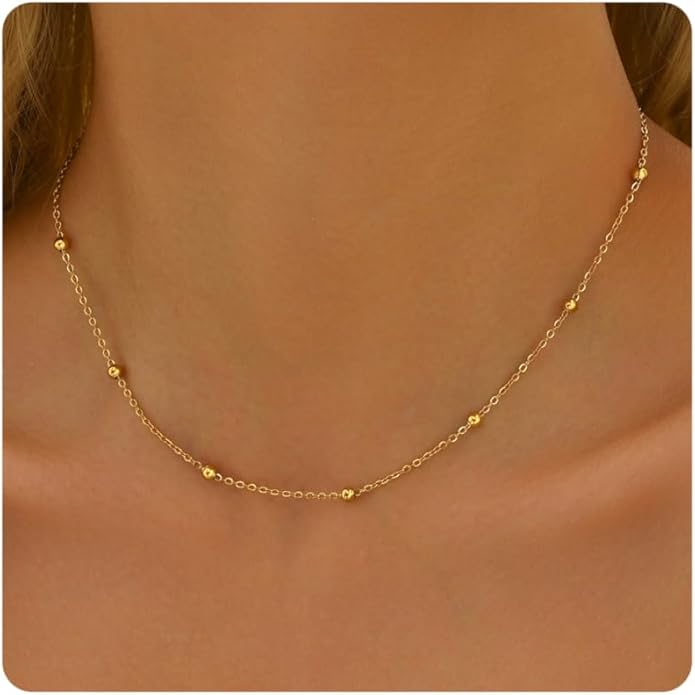 Gold Chain Necklace for Women Dainty 18K Gold Plated Thin Satellite Beaded Turquoise Necklace Simple Gold Boho Jewelry