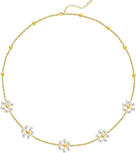OGD Gold Pearl Necklaces Set for Women 14K Gold Plated Dainty Layered Pearl Cute Daisy Pearl Choker Gold Necklace Gifts for Women Gold Trendy Jewelry Gifts