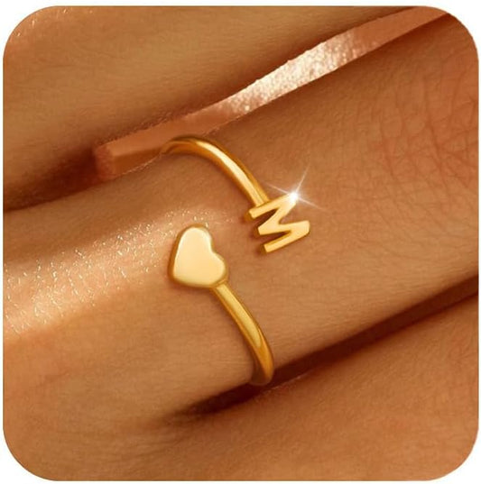 Honsny Gold Initial Rings for Women Non Tarnish 18K Gold Plated Heart Initial Stackable Rings Adjustable Pinky Rings for Women Cute Dainty Alphabet Capital Letter Rings Jewerly Gift