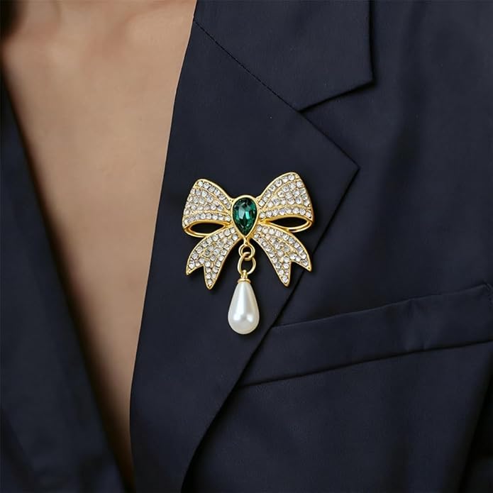 3PCS Vintage Pearl Rhinestone Bow Brooch Gold Brooches and Pins for Women Red Blue Green Gemstone Pearl Brooch Pins for Dresses Womens Clothes Corsage Clothing Accessories Jewelry Pins and Brooches