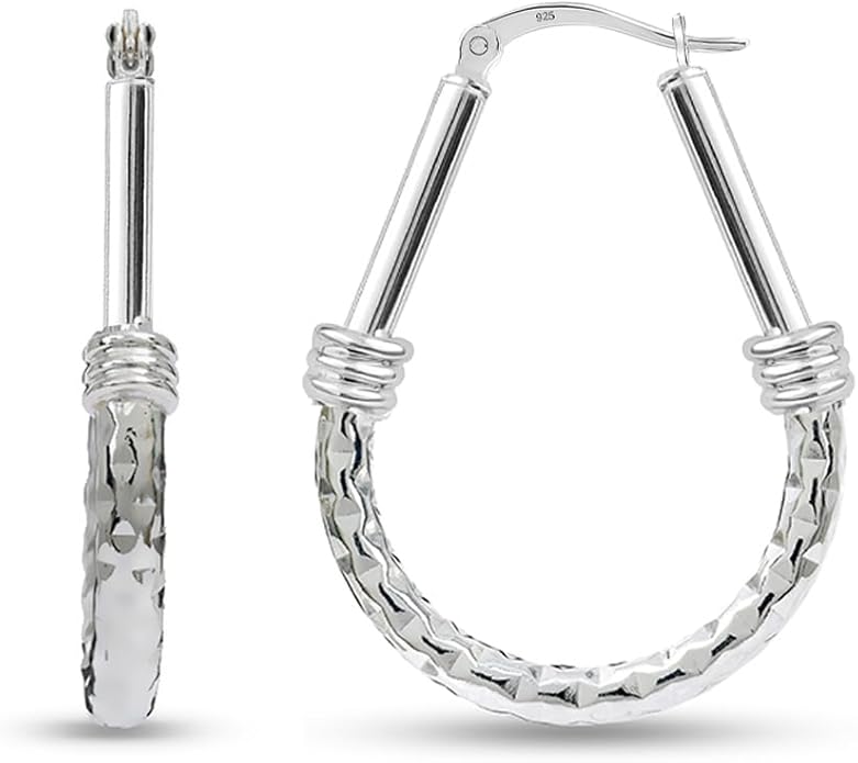 LeCalla 925 Sterling Silver Hoop Earrings | Italian Design Classic Diamond-Cut Textured Earring Hoops | Women's Drop Shape Oval Hoop Earring Jewelry for Women