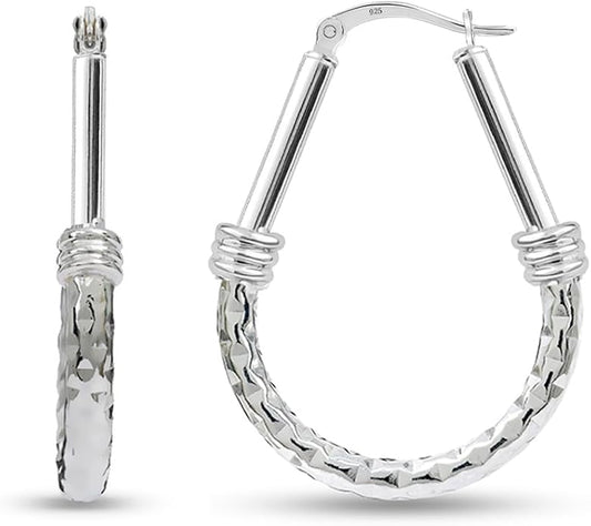 LeCalla 925 Sterling Silver Hoop Earrings | Italian Design Classic Diamond-Cut Textured Earring Hoops | Women's Drop Shape Oval Hoop Earring Jewelry for Women