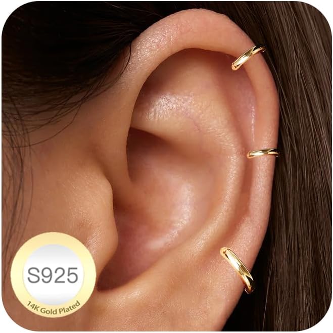 DORANA Valentines Day Gift 3 Pairs 925 Sterling Silver Earrings for Women Girls Non Tarnish Small Hypoallergenic Huggie Hoops Cartilage Stack Earring Sets for Multiple Piercing