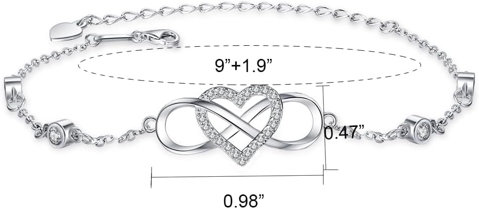 S925 Sterling Silver Ankle Bracelet for Women,Infinity Anklet with Heart Design Charm Jewelry Mother's Day Gifts for Women Mother