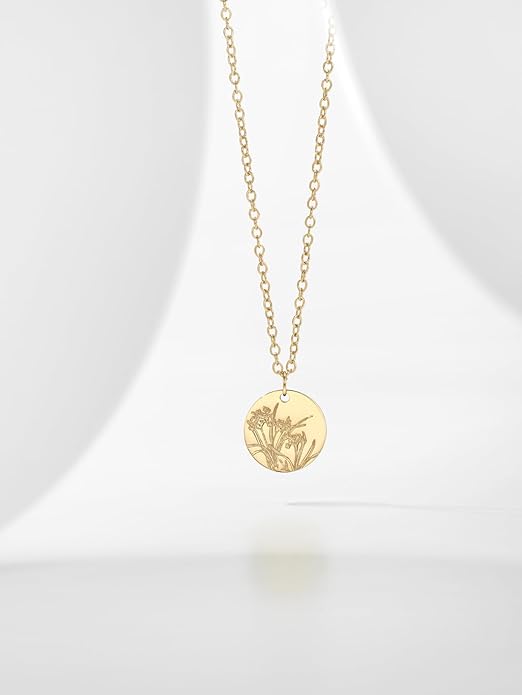 Birth Flower Necklace, 14K Gold Plated Floral Pendant Necklaces for Women, Simple Dainty Birth Month Flower Necklace, Birthday Jewelry for Women - 12 Month