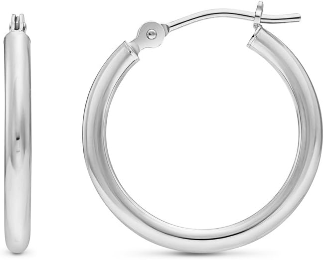 14k White Gold Polished Real Gold Hoop Earrings, Plain Round Gold Hoops, White Gold Hoop Earrings