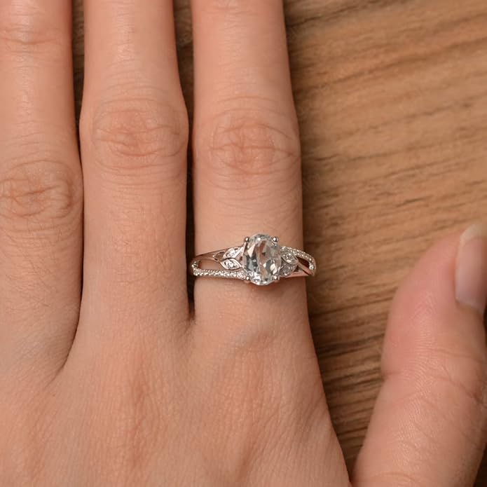925 Sterling Silver Oval Shaped 8X6 MM Gemstone Ring Leaf Engagement Ring for Women Jewelry