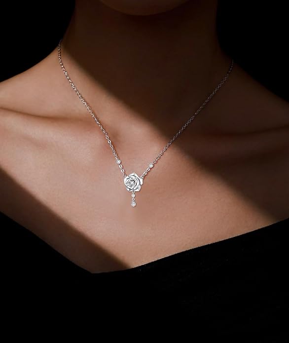1/14 Carat Diamond Rose Necklace for Women 925 Sterling Silver Rose Flower Pendant Necklaces 18K Gold Plated Fine Jewelry