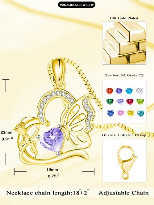 Birthstone Heart butterfly Necklace for Women, Infinity Pendant 14K Gold /18K White Gold Womens Necklaces, Jewelry Anniversary Birthday Christmas Gifts for Her Mom Wife﻿