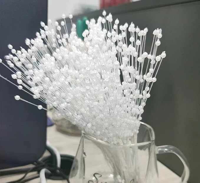 100 Pieces String Pearls Sticks, BetterJonny 3mm Beads String Creative Pearl Flower Stem Bead Sticks Pearl Beaded Stems DIY Floral Bead Strands for Party Decoration (White)