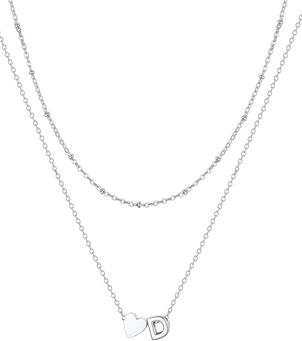 FOCALOOK Layered Initial Necklace for Women, 14K Gold Plated Choker Necklaces Stacks with Initial A-Z, Dainty Silver Heart Pendant Necklace Personalized Birthday Women Jewelry