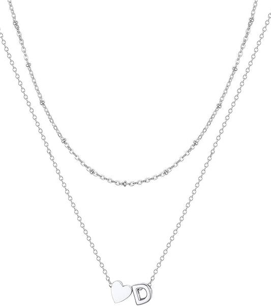 FOCALOOK Layered Initial Necklace for Women, 14K Gold Plated Choker Necklaces Stacks with Initial A-Z, Dainty Silver Heart Pendant Necklace Personalized Birthday Women Jewelry