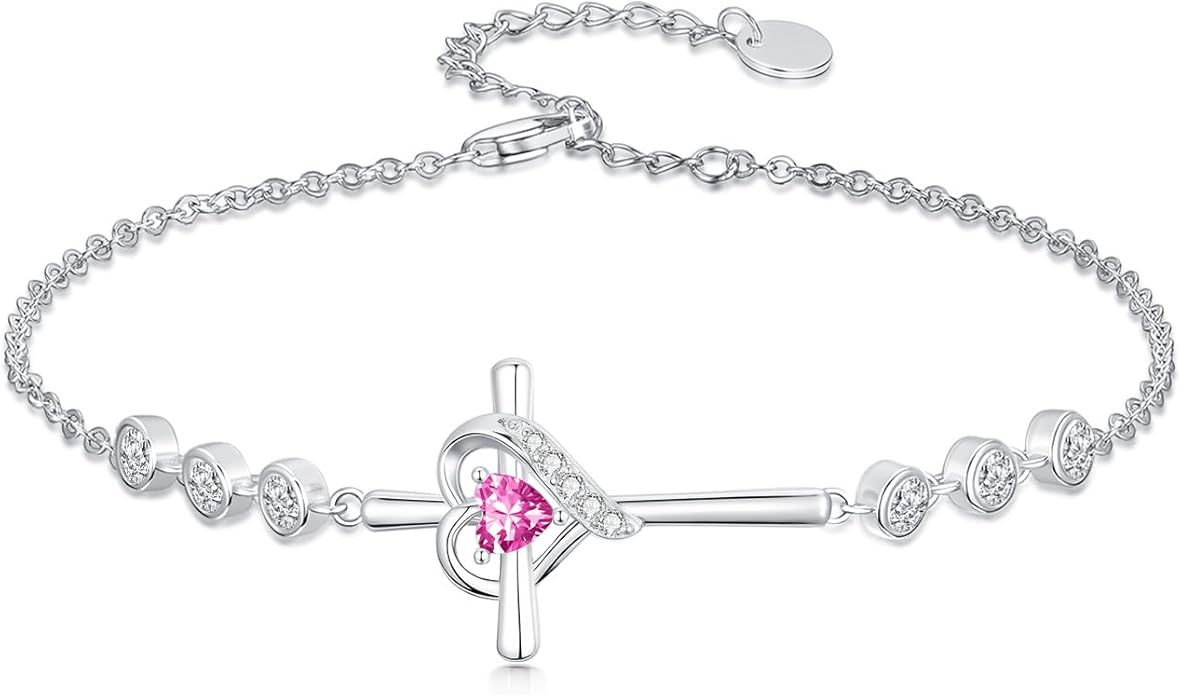Cross Birthstone Charm Link Bracelet 925 Sterling Silver Cross Bracelet with 12 Months Birthstone Religious Christian Jewelry Gifts for Women Mom Her,Chain Length 7"+2" Extend