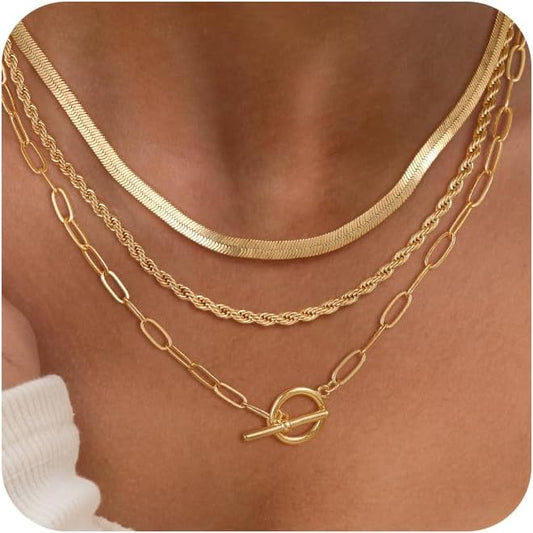 CHESKY 14K Gold Plated Layered Herringbone Necklaces for Women, Trendy Paperclip Snake Chain Necklace Cuban Link Simple Chunky Toggle Clasp Necklace Set Fashion Jewelry