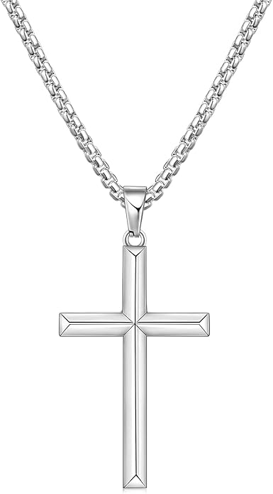 Fiusem Beveled Edge Cross Necklace for Men, Silver Tone/Black/14K Gold Plated Mens Cross Necklace, 2.5MM Stainless Steel Box Chain with Pendant