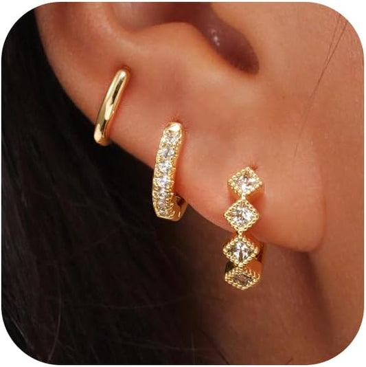 Gold Hoop Earrings Set for Women Trendy, 14K Gold Plated Chunky Hypoallergenic Small Diamond Cartilage Hoops Cute Cubic Zirconia Dangle Stud Earrings Jewelry Gifts
