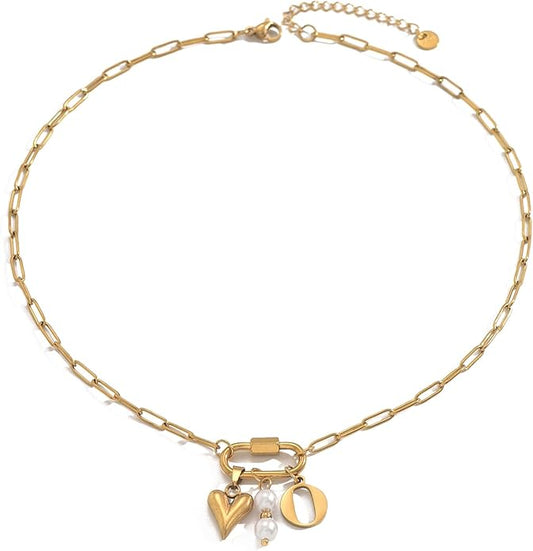 Gold Heart Initial Necklaces for Women 18K Gold Plated Dainty Pearl Letter Necklace Personalized Monogram Name A-Z Pendant Everyday Jewelry for Women