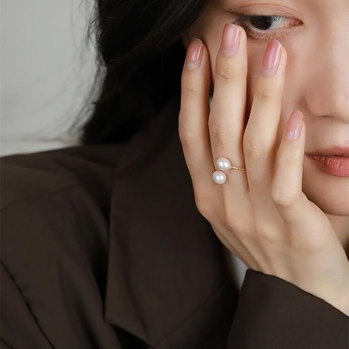 Vintage Boho Cultured Pearl Adjustable Beaded Wrap Ring,Trendy Elastic Freshwater Pearl Rings for Women,Fashion Heart Shell Stacking Rings for Men