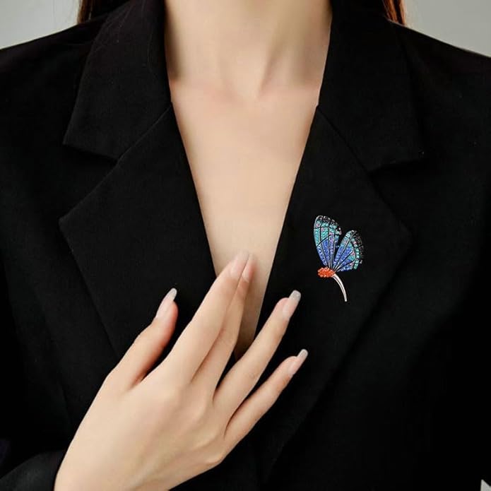 14K Gold Luxury Butterfly Brooch Sparkling Moissanite Accents & Enamel Painted Details, Retro Chic for Cheongsam, Coats & Formal Attire